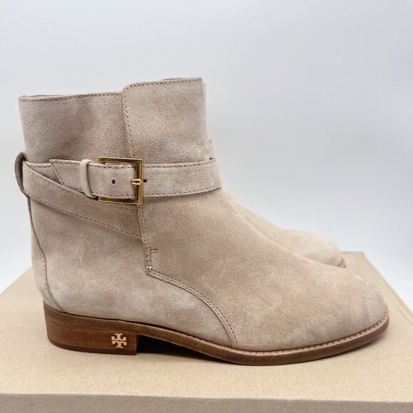 Tory Burch Brooke Harness Moto Riding Ankle Boots Booties Beige Suede US 7 - Picture 2 of 12